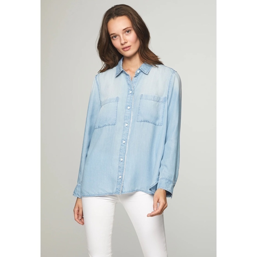 BeachLunchLounge Harlow Denim Shirt Medium Wash Frayed Trim Size Small